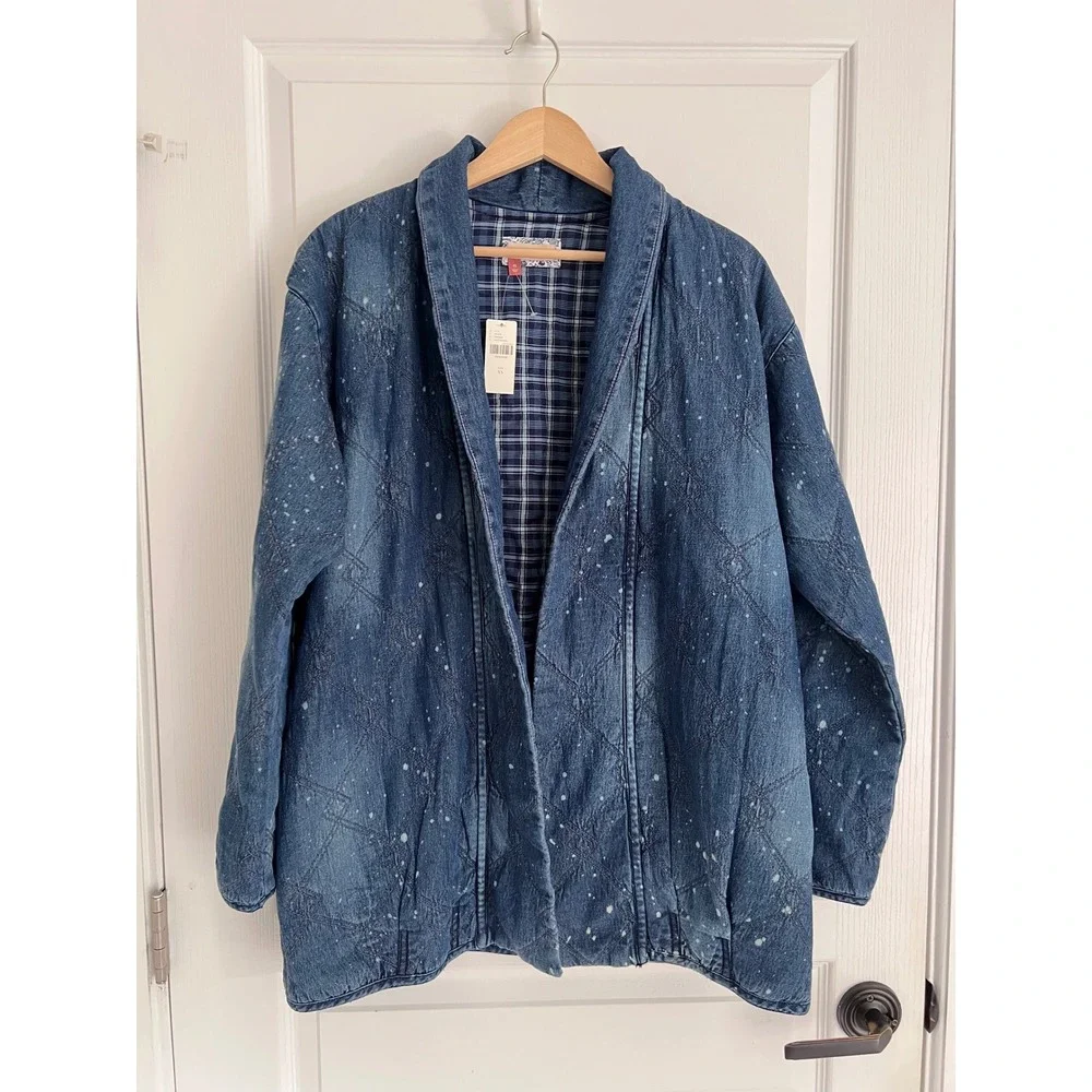 Anthropologie Pilcro Quilted Denim Spattered Oversized Boxy Kimono Jacket NWT XS